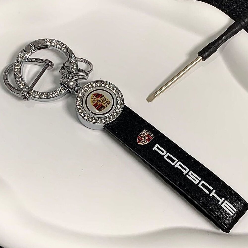 New Black PORSCHE STUTTGART HOTROD Lambskin Leather Crest KeyRing Key Chain